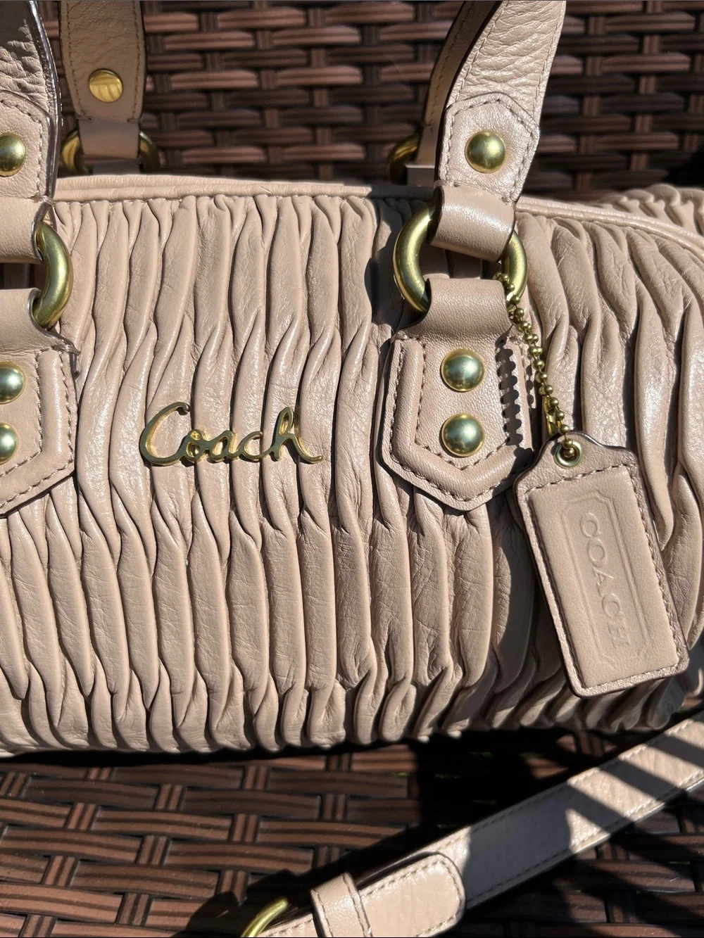 Coach Ashley Pebble-Pleat Satchel in Light Beige
